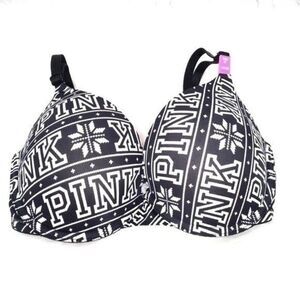 NWT VICTORIA'S SECRET PINK LOGO BLACK/WHITE WEAR EVERYWHERE PUSH-UP‎ BRA SZ 32DD